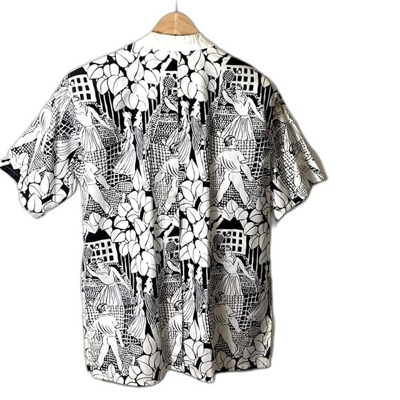 Vintage 80s Gil Aimbez Black White Tennis Player Print SS Button Up Tunic Sz 10 - Picture 3 of 15